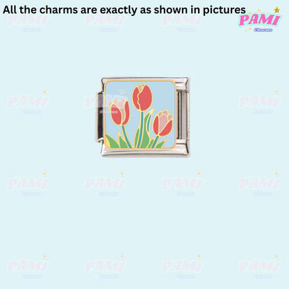 Pami Charms Italian charms featuring red tulips with green stems on a light blue background