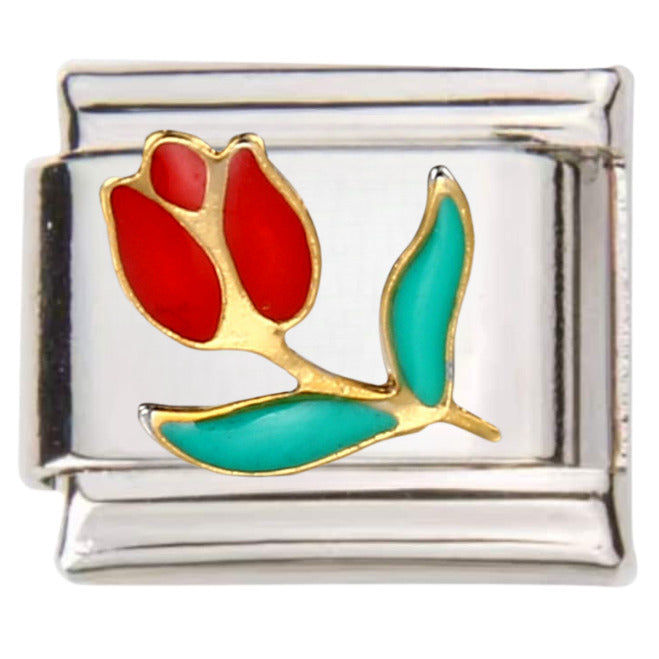 Pami Charms silver Italian charm with red and green enamel tulip design