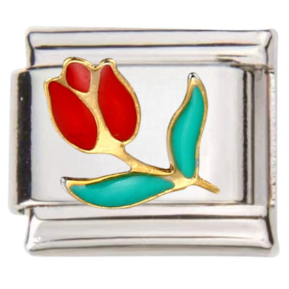 Pami Charms silver Italian charm with red and green enamel flower design