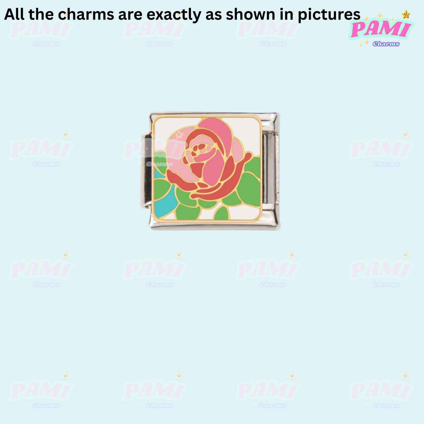 Pami Charms Italian charms featuring a colorful rose design on a silver link