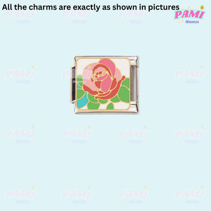 Pami Charms Italian charms featuring a colorful rose design on a silver base
