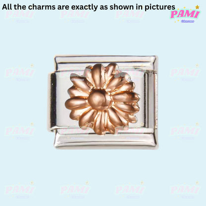 Silver and rose gold flower Italian charms from Pami Charms with detailed petal design