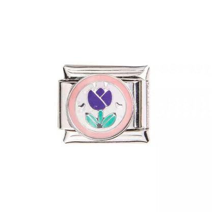 Silver Pami Charms Italian charms with purple flower and pink border design