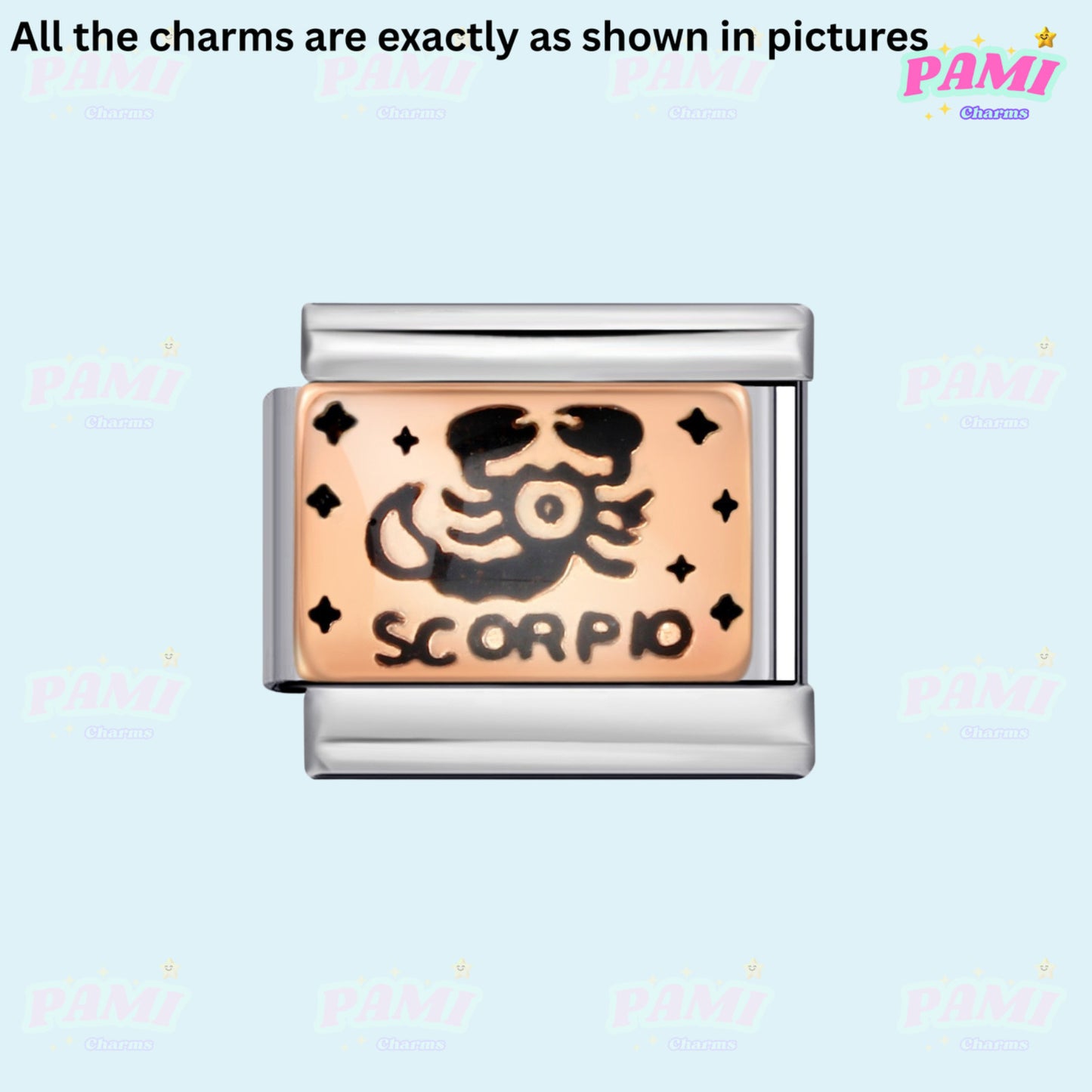 Pami Charms Italian charms featuring a Scorpio design with a black scorpion illustration