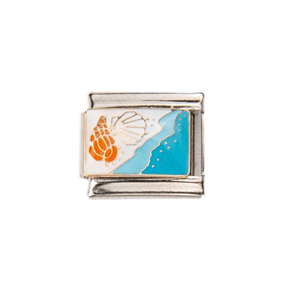 Pami Charms Italian charms featuring a vibrant shell design on a blue background