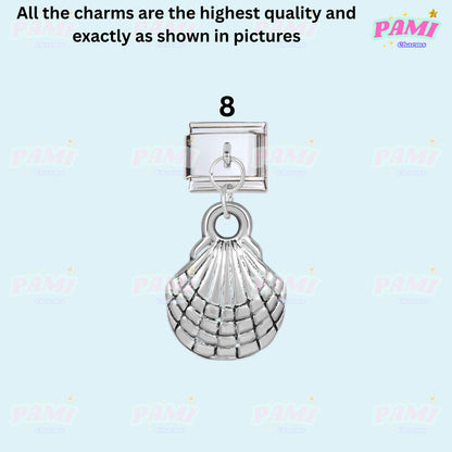 Silver shell charm from Pami Charms featuring Italian charms design on a blue background