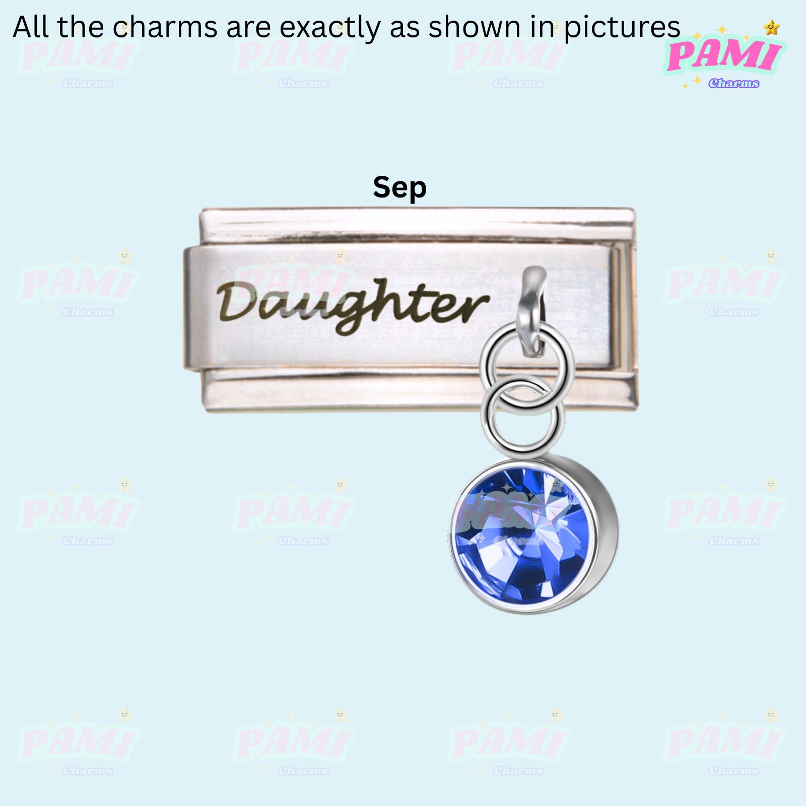 Pami Charms Italian charms silver Daughter link with blue September birthstone charm