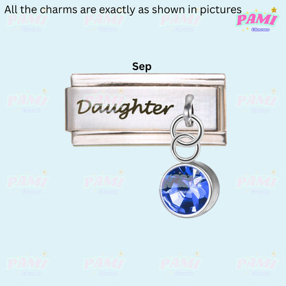 Pami Charms Italian charms silver Daughter link with blue September birthstone charm
