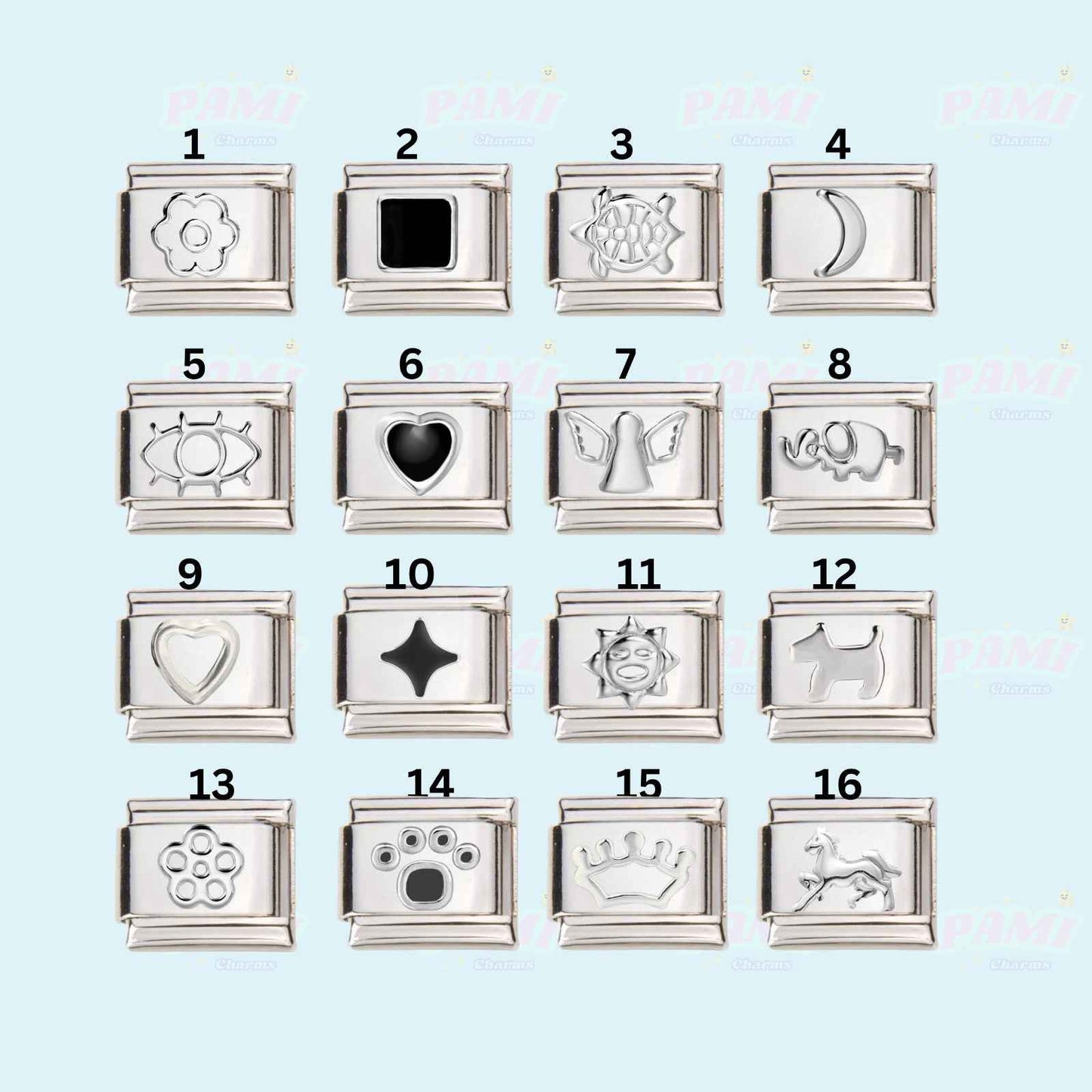 Pami Charms silver Italian charms set with 16 different designs including flower, heart, angel, and crown
