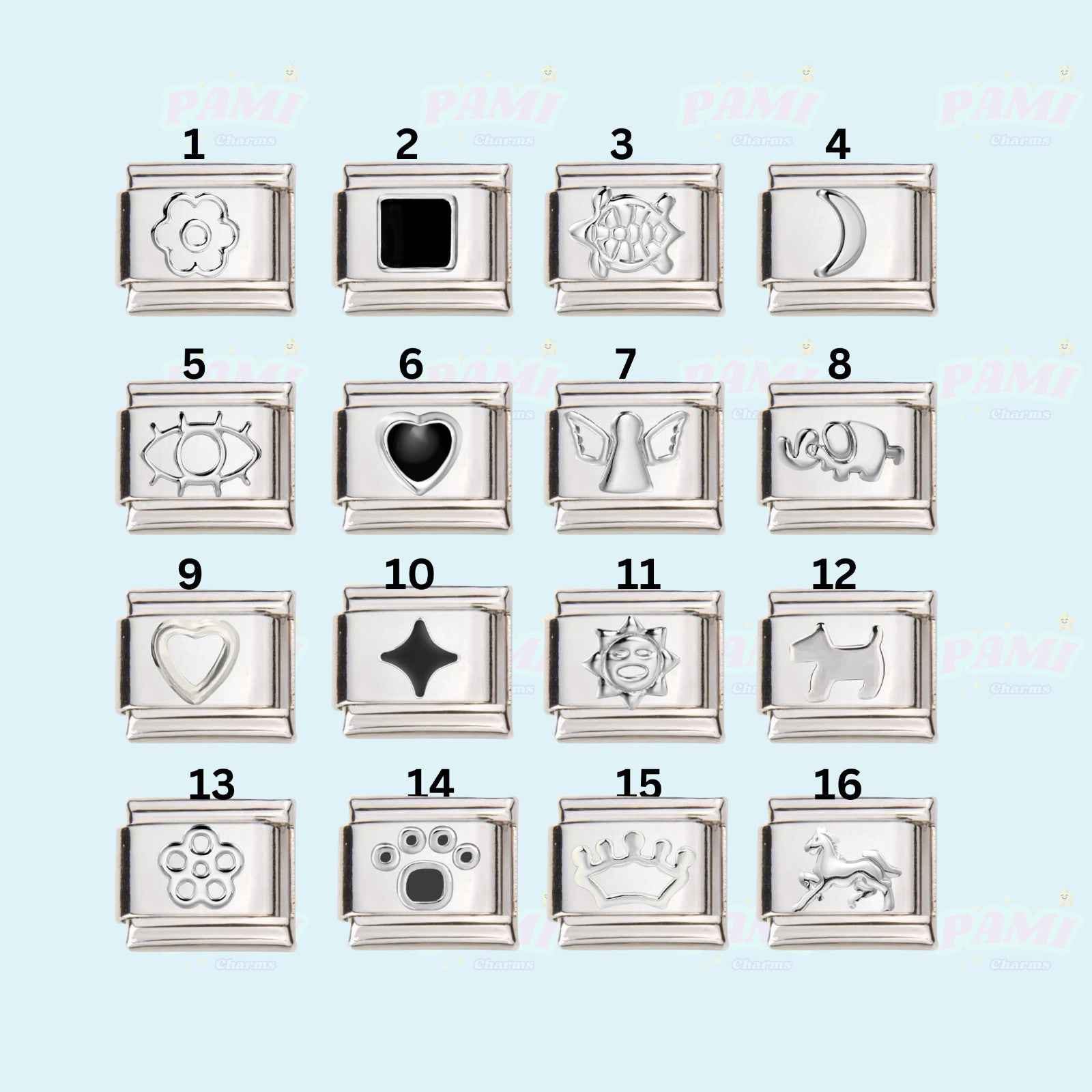 Pami Charms silver Italian charms set with 16 different designs including flower, heart, angel, and crown