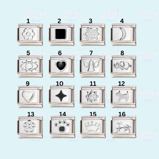 Pami Charms silver Italian charms set with 16 different designs including flower, heart, angel, and crown