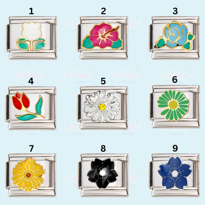 Set of nine floral italian charms with colourful enamel designs by Pami Charms