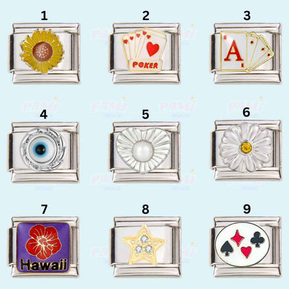 Set of nine Pami Charms italian charms featuring sunflower, poker cards, ace cards, evil eye, heart, flower, Hawaii, star, and card suits designs