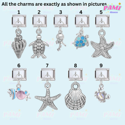 Set of nine Italian charms by Pami Charms featuring sea-themed designs like turtle, starfish, and seashell
