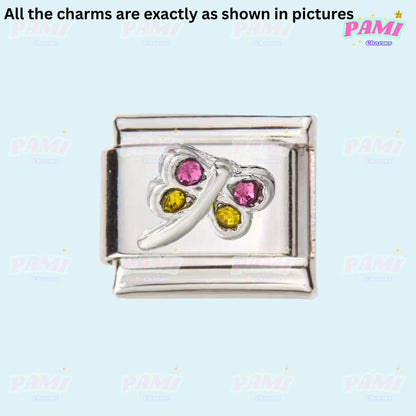 Pami Charms Italian charms silver butterfly charm with pink and yellow stones