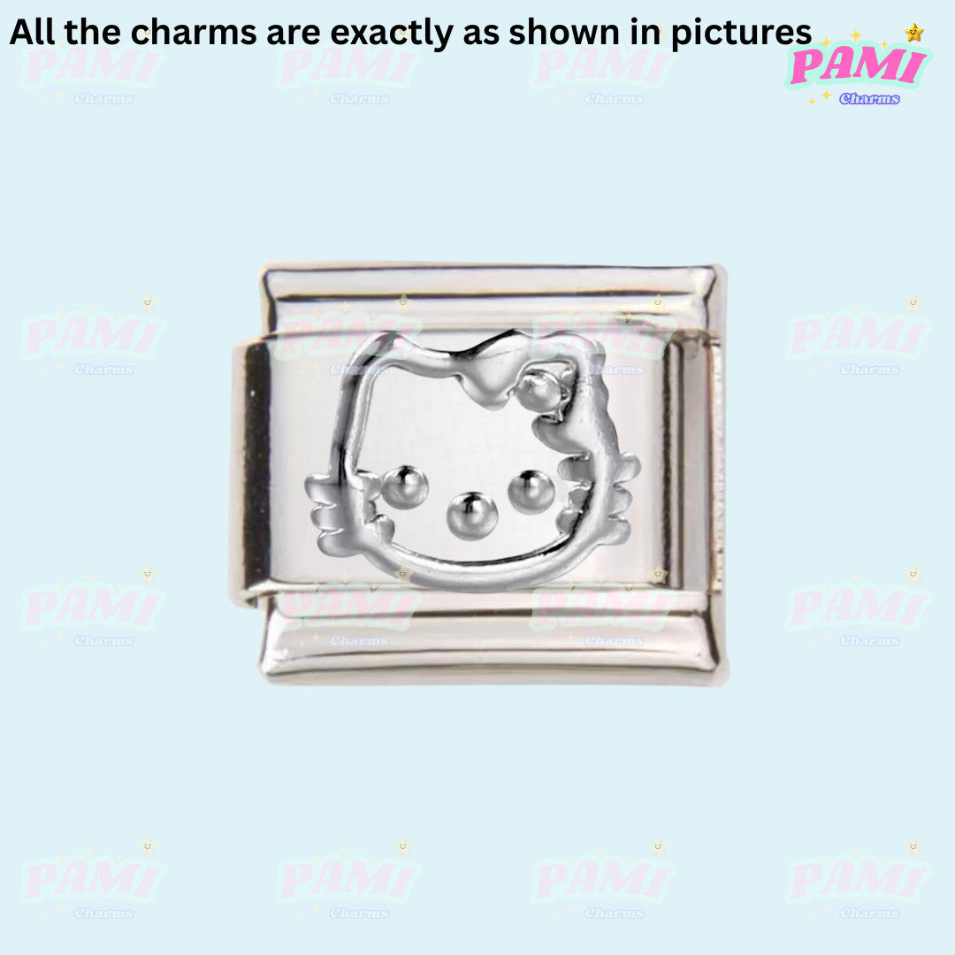 Silver Hello Kitty italian charms by Pami Charms with detailed embossed face design