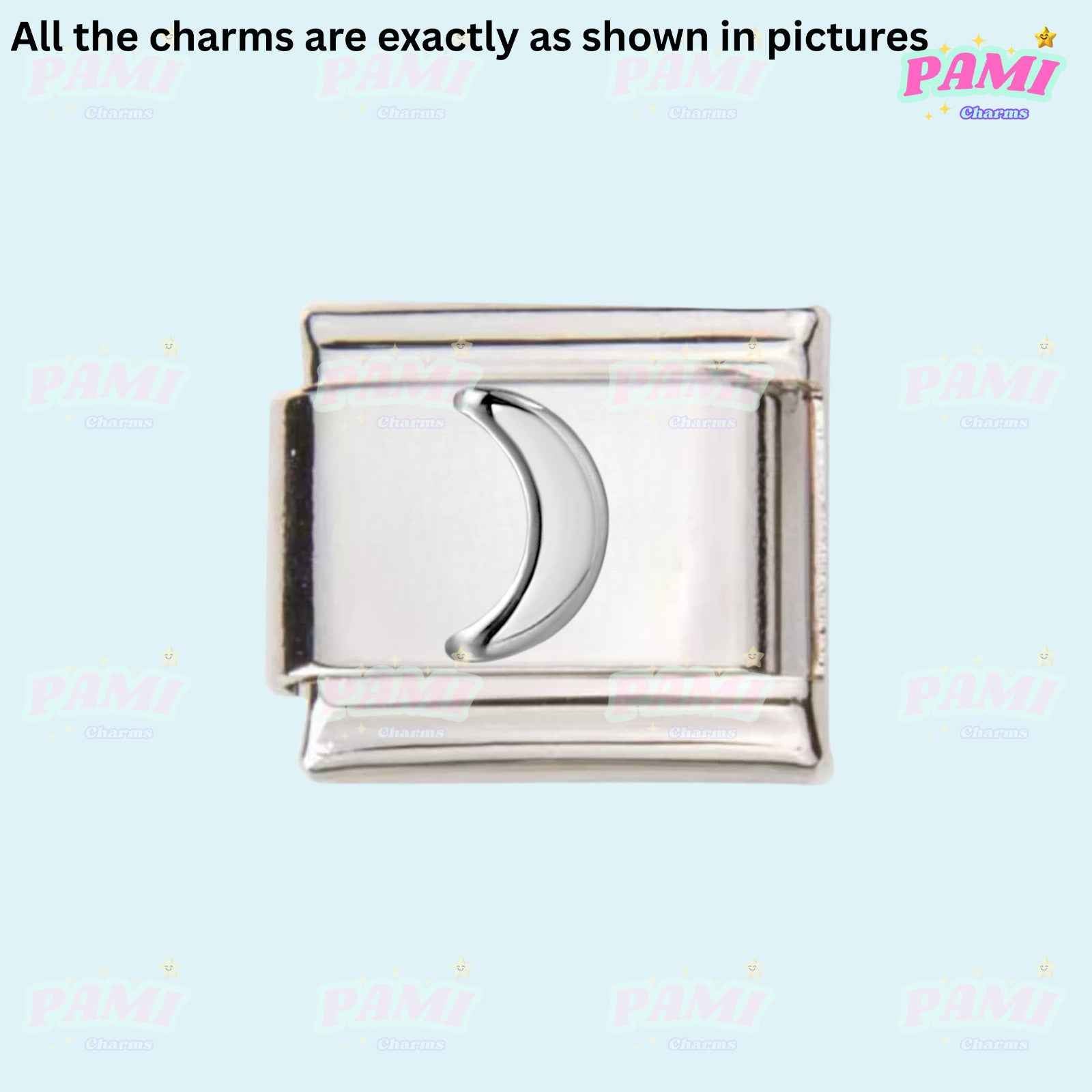 Pami Charms silver Italian charms featuring a crescent moon design on a rectangular base
