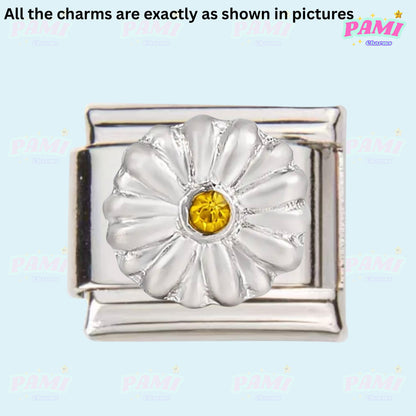 Silver Italian charms with detailed flower design and yellow gem in centre by Pami Charms