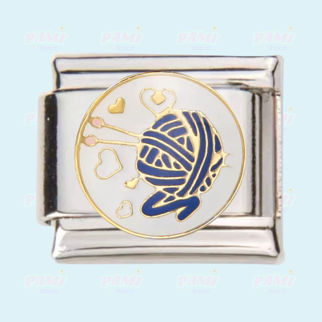 Pami Charms silver Italian charms featuring a blue yarn ball with knitting needles and hearts design