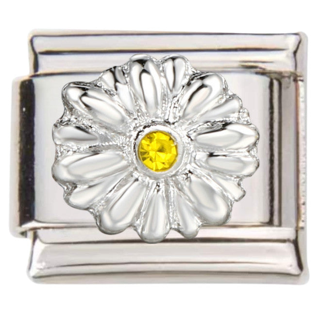 Silver Italian charms with detailed flower design and yellow crystal centre by Pami Charms