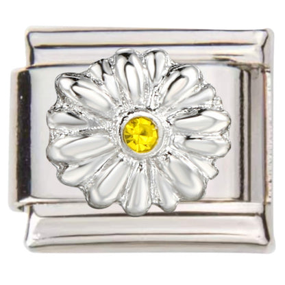 Silver Italian charms with detailed flower design and yellow crystal centre by Pami Charms