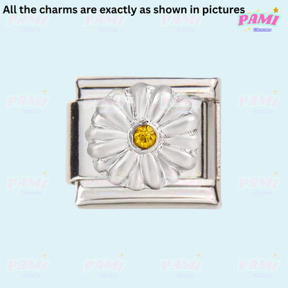 Silver flower charm with yellow centre from Pami Charms italian charms collection