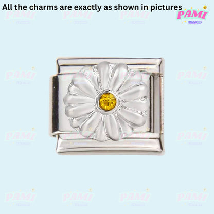 Silver Italian charms with detailed flower design and yellow gemstone centre by Pami Charms