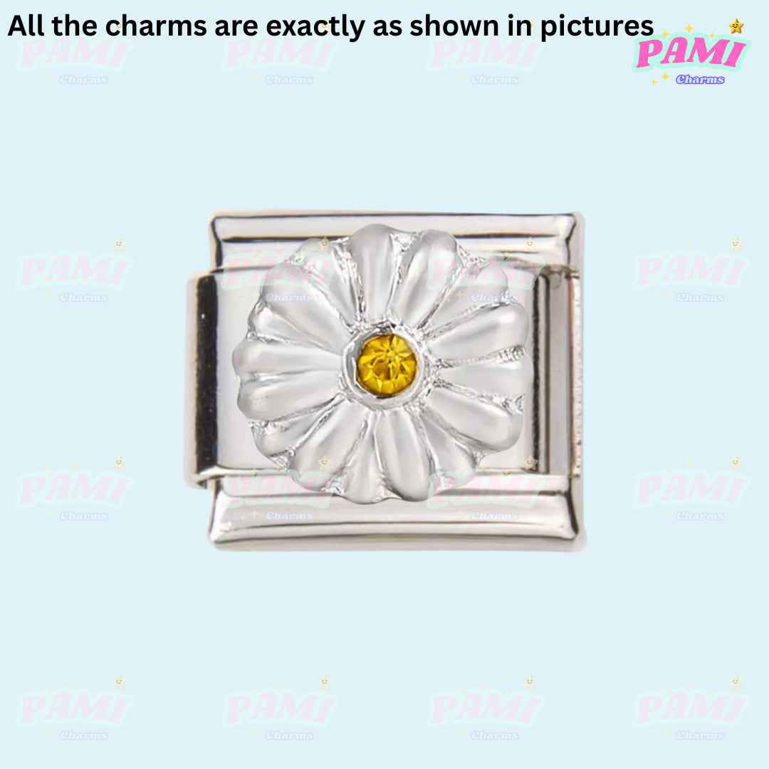 Pami Charms silver flower charm with yellow centre for Italian charms bracelet