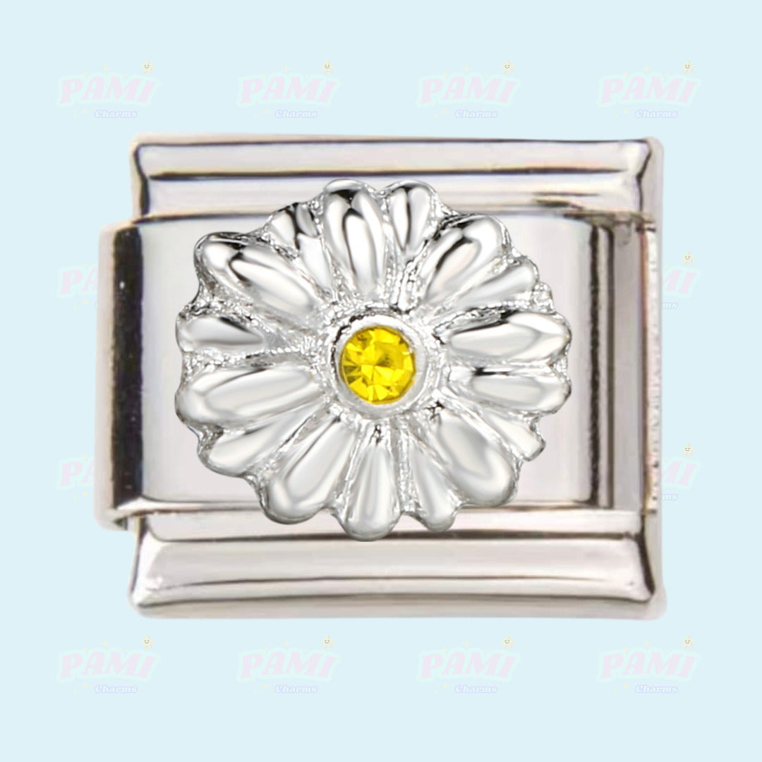 Silver Italian charm by Pami Charms featuring a flower design with a yellow gemstone centre