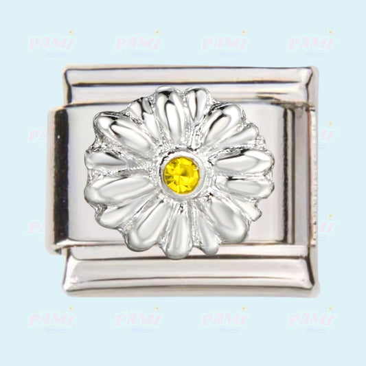 Silver Italian charm by Pami Charms featuring a flower design with a yellow gemstone centre