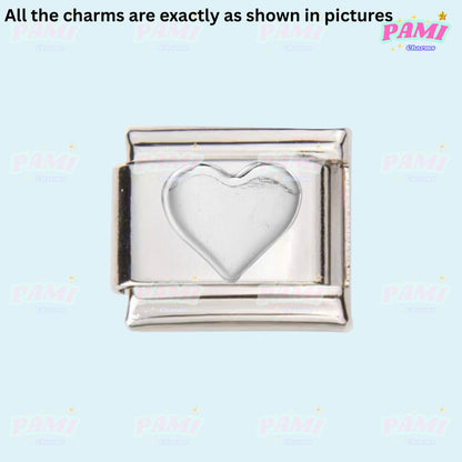 Pami Charms silver Italian charms with a heart design on a light blue background