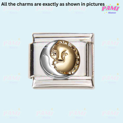 Pami Charms silver and gold moon face italian charms with detailed design