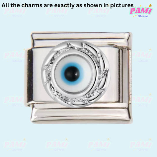 Silver Italian charms with blue eye design and intricate detailing by Pami Charms