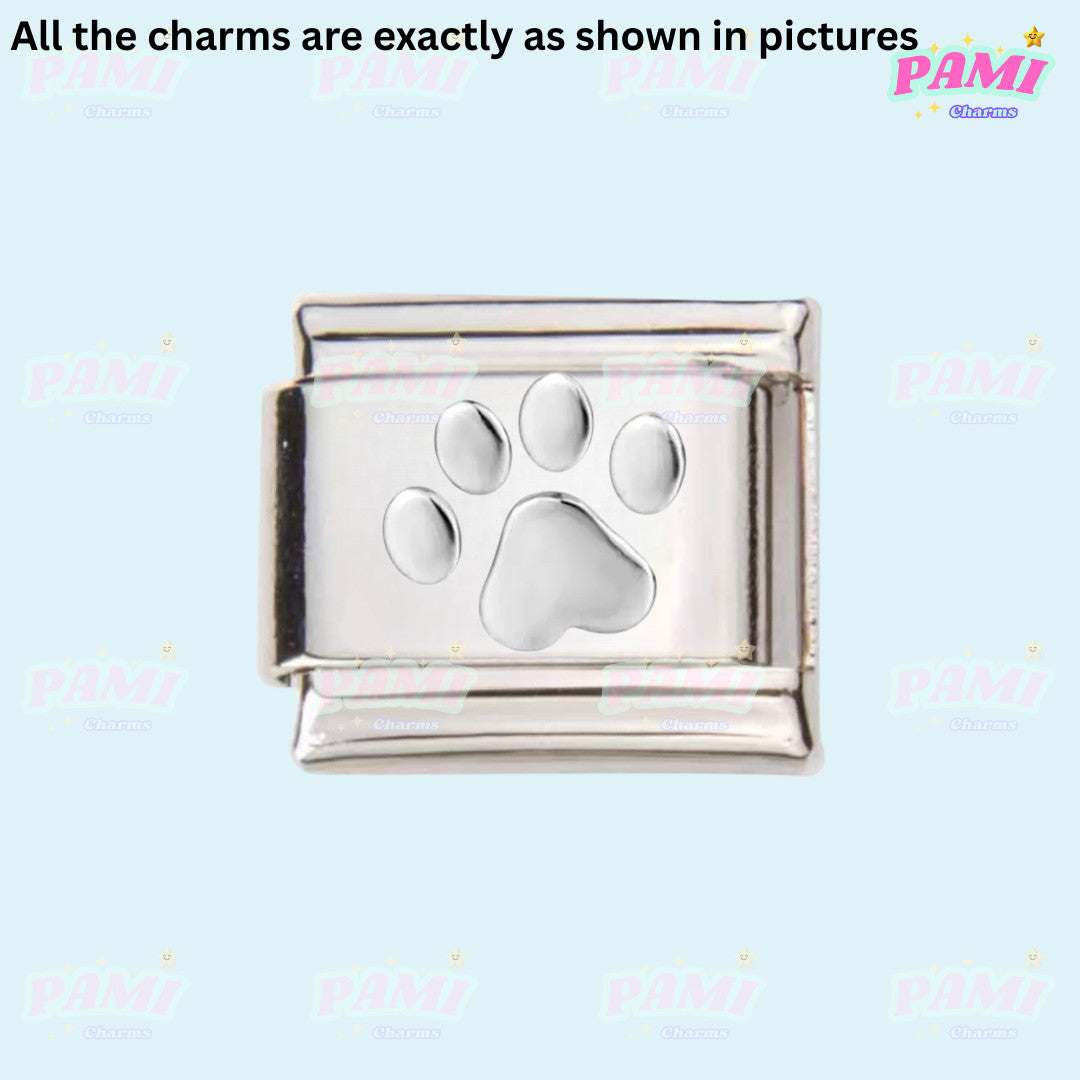 Silver Italian charms with a paw print design for charm bracelets by Pami Charms