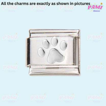 Silver Italian charms featuring a detailed paw print design by Pami Charms