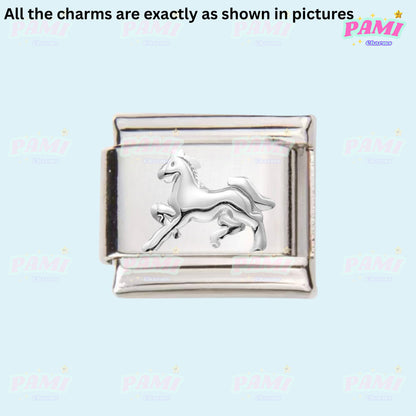 Silver Italian charms featuring a detailed horse design for charm bracelets by Pami Charms