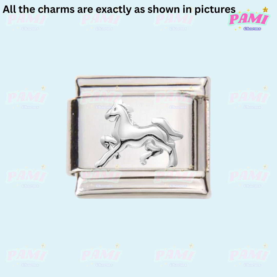 Silver Italian charms featuring a detailed galloping horse design by Pami Charms