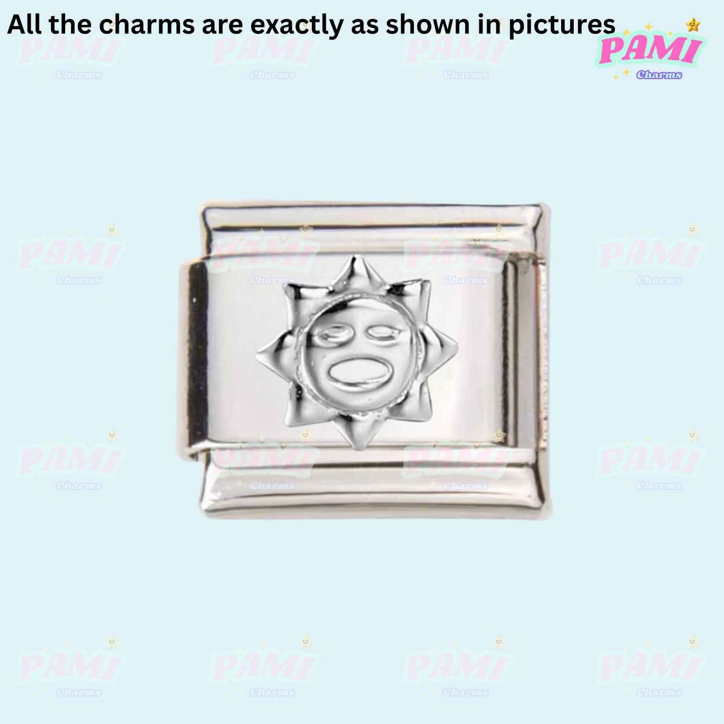 Silver sun design Italian charms by Pami Charms for customizable jewelry bracelets