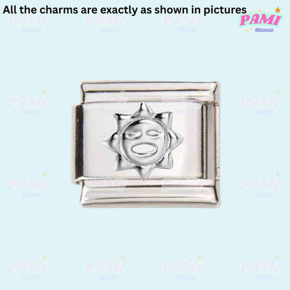 Silver sun design Italian charms by Pami Charms for customizable jewelry bracelets