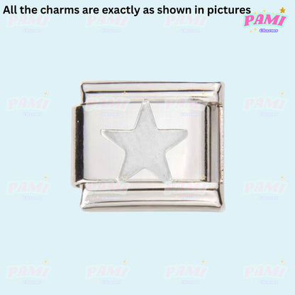 Silver Italian charms featuring a star design by Pami Charms on a light background
