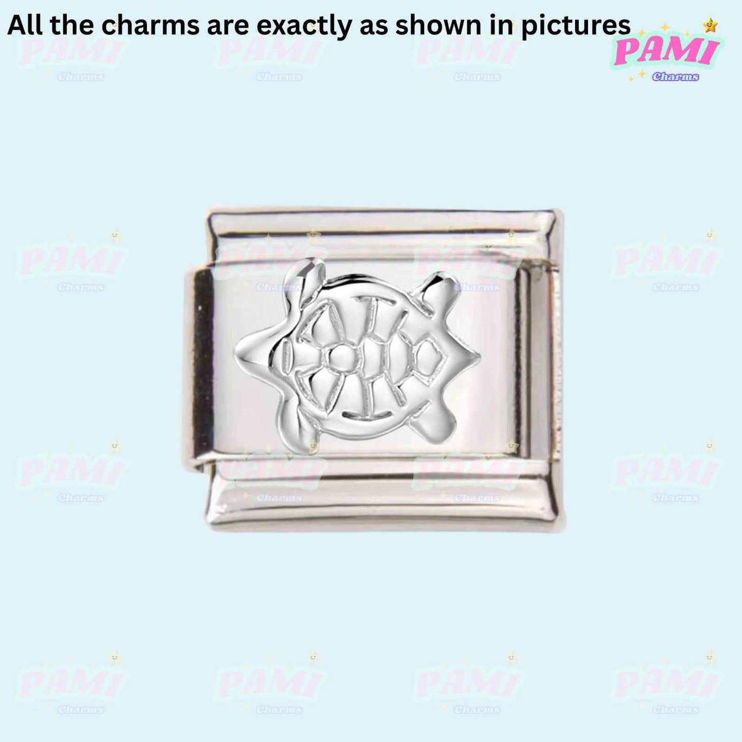 Silver Italian charms featuring a detailed turtle design for customizable charm bracelets