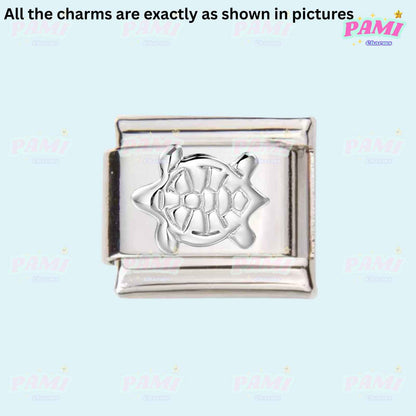 Silver Italian charms featuring a detailed turtle design for customizable charm bracelets