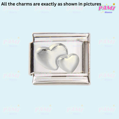 Silver italian charms featuring two overlapping heart shapes for bracelet customization