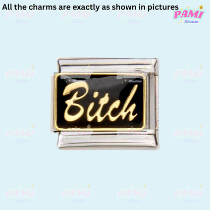 Pami Charms Italian charms black and gold rectangular charm with script text design