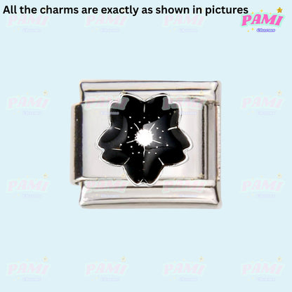 Black flower design italian charms with silver frame by Pami Charms