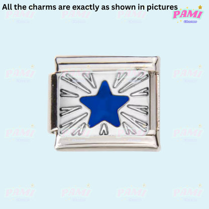 Pami Charms silver Italian charms with blue star design and engraved details