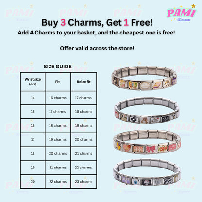 Pami Charms promotion showing four Italian charms bracelets with size guide and buy 3 get 1 free offer
