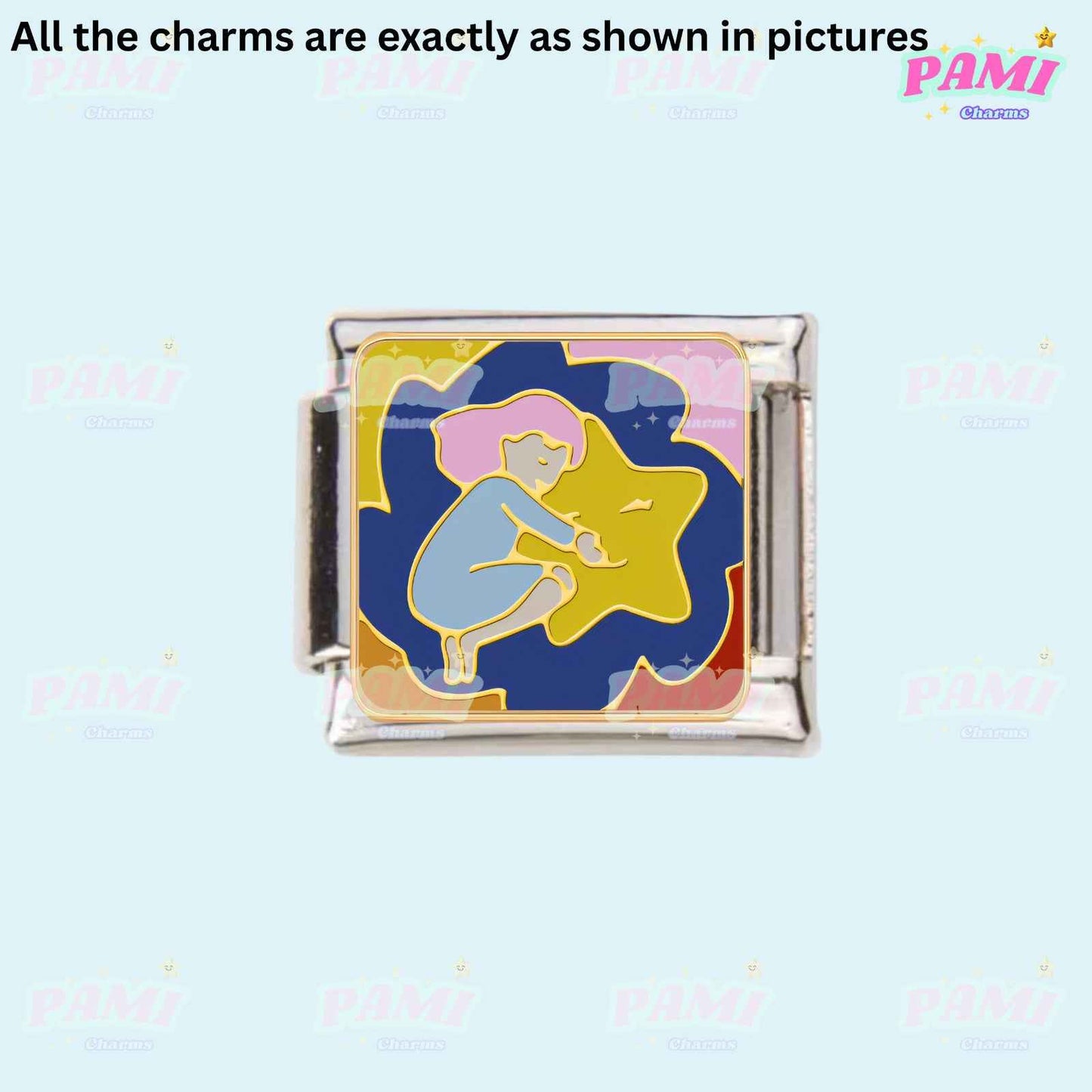 Pami Charms Italian charms featuring a colorful girl hugging a star design on a silver base