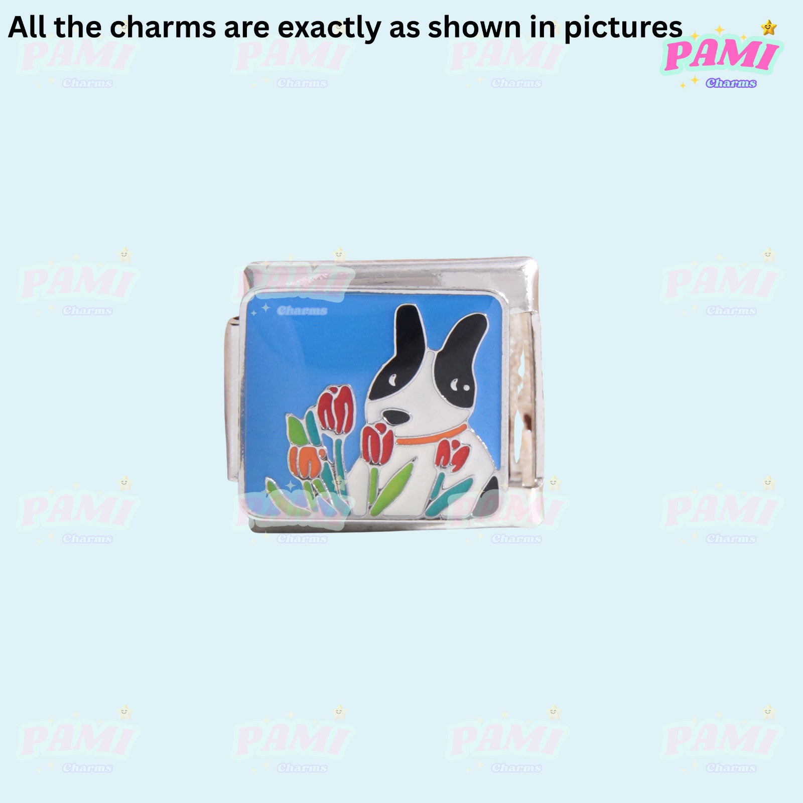 Pami Charms Italian charms featuring a black and white dog with red tulips on a silver base