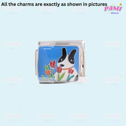 Pami Charms Italian charms featuring a black and white dog with red tulips on a silver base